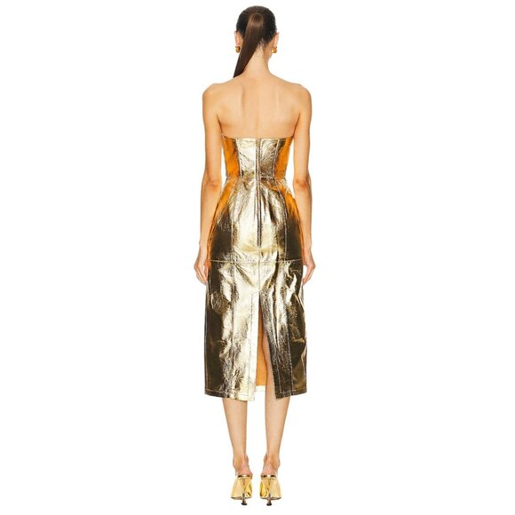 Blumarine Strapless Midi Dress in Gold 42 New Womens Leather Strapless - Picture 2 of 16